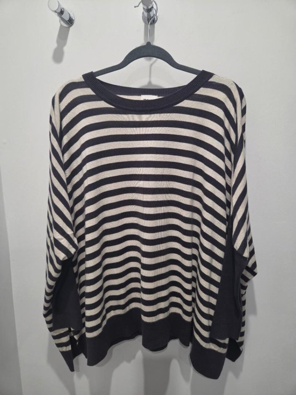 PLANET Dark Grey & Ivory Stripped Oversized Long Sleeve Crew Neck Top O/S